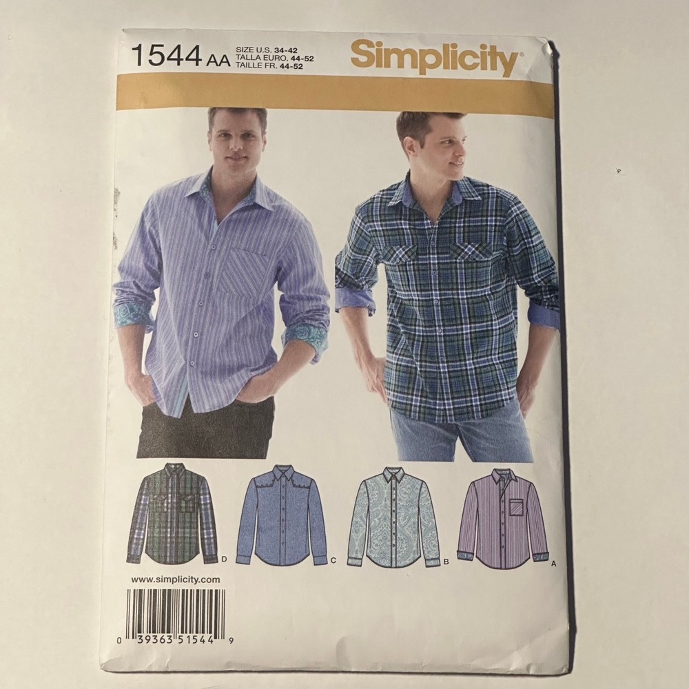 Simplicity Uncut 1544 Men's Shirt Sewing Pattern Size AA 34-42